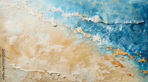 This image portrays an abstract beach scene with golden sand and blue textured artwork, combining elements of nature and creativity in a visually pleasing composition.