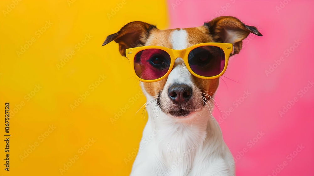 A portrait of a small dog wearing yellow sunglasses against a vibrant, split background of yellow and pink colors. The dog has a brown and white coat and a curious expression A portrait of a small dog wearing yellow sunglasses against a vibrant, split background of yellow and pink colors. The dog has a brown and white coat and a curious expression