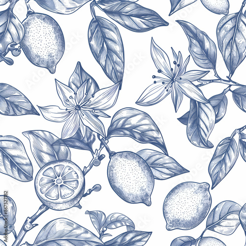 A detailed blue and white vector illustration of lemons, lemon slices, and lemon flowers with leaves. The intricate pattern features botanical elements on a white background.