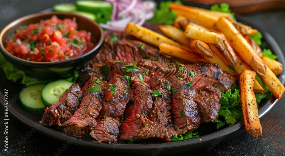 Grilled Steak With French Fries, Lettuce, and Cucumber Grilled Steak With French Fries, Lettuce, and Cucumber