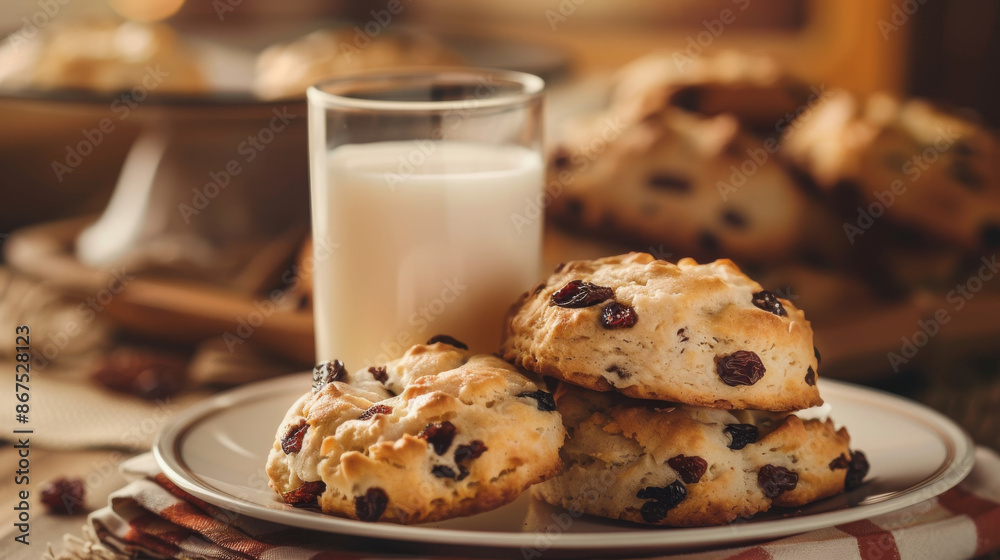 Warm, fluffy homemade raisin biscuits served with a cold glass of milk on a cozy background, creating a comforting and inviting snack. Warm, fluffy homemade raisin biscuits served with a cold glass of milk on a cozy background, creating a comforting and inviting snack.