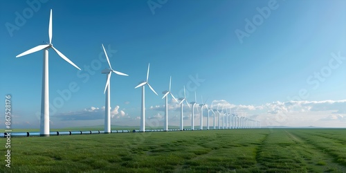 Wind turbines in field with hydrogen pipeline near railway for sustainable energy. Concept Sustainable Energy, Wind Turbines, Hydrogen Pipeline, Railway, Field