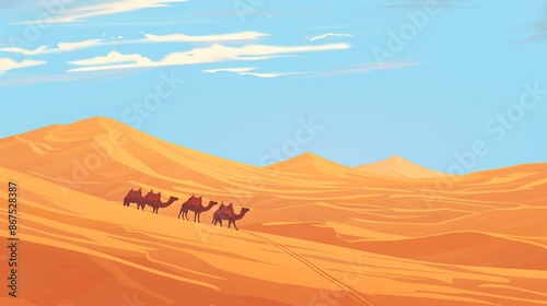 Artistic vector screensaver of a desert scene with a caravan of camels, featuring Eastern elements.