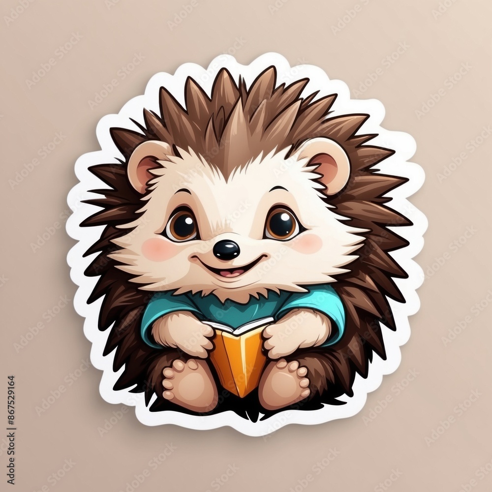 Sticker of a cute baby hedgehog reading a book. 3D cartoon style, isolated on a simple background. Sticker of a cute baby hedgehog reading a book. 3D cartoon style, isolated on a simple background.
