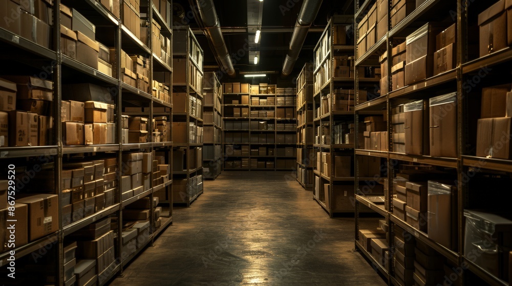 Warehouse Aisle with Shelves of Cardboard Boxes Warehouse Aisle with Shelves of Cardboard Boxes