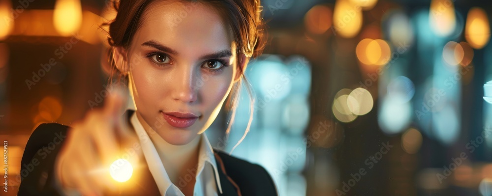 Fototapeta premium Woman looking at camera with bokeh lights in the background
