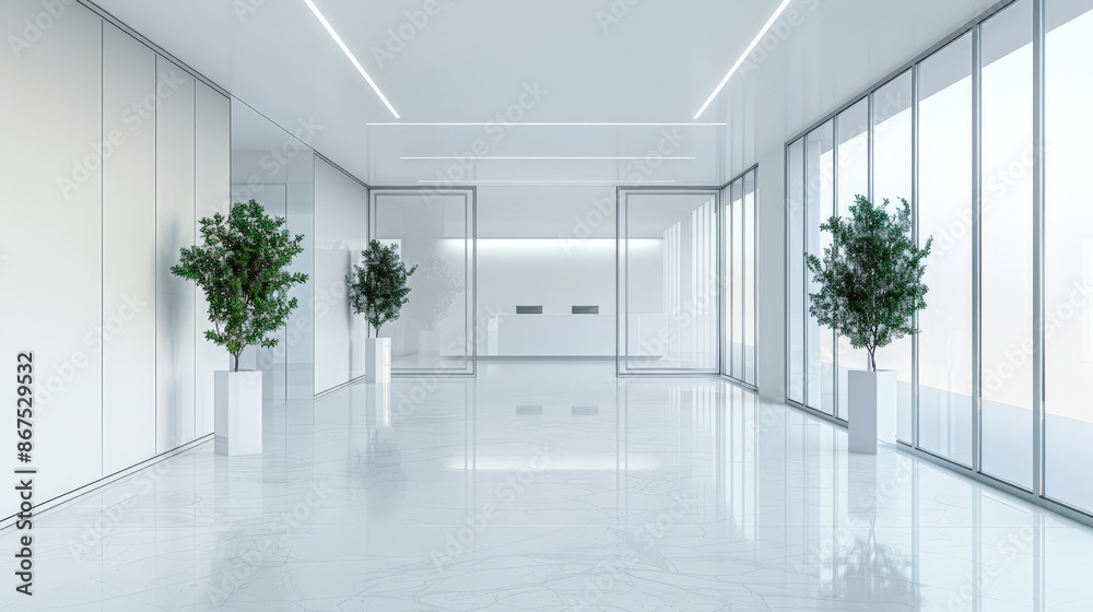 Modern Office Lobby with Large Windows and Potted Plants Modern Office Lobby with Large Windows and Potted Plants