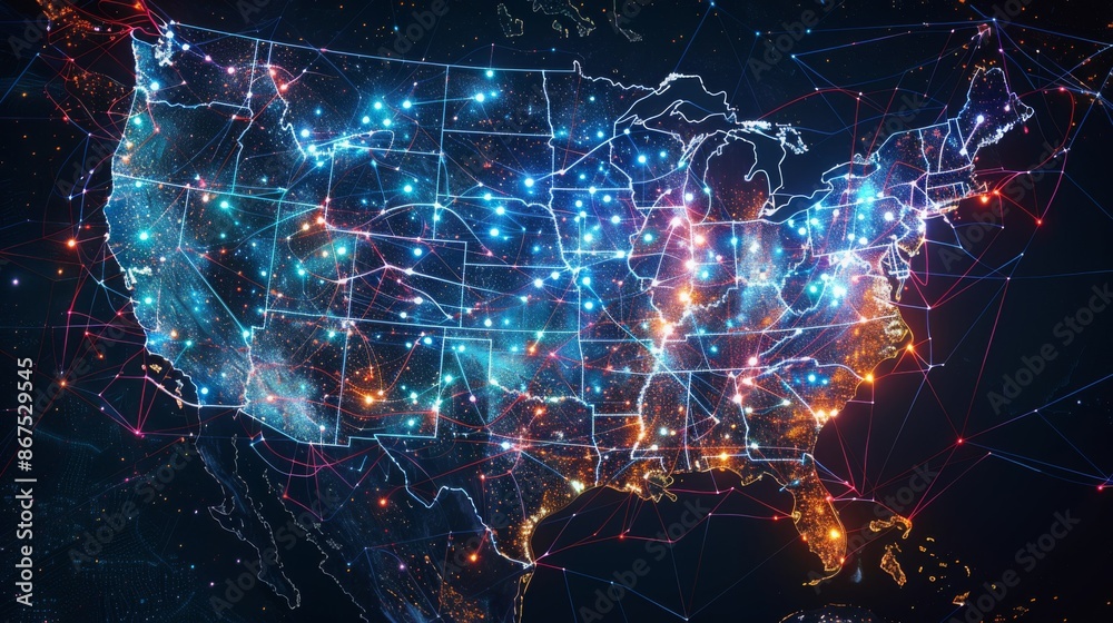 A vivid, glowing map of the United States displaying enhanced connectivity with bright spots and lines, representing interconnected data points and networks. A vivid, glowing map of the United States displaying enhanced connectivity with bright spots and lines, representing interconnected data points and networks.