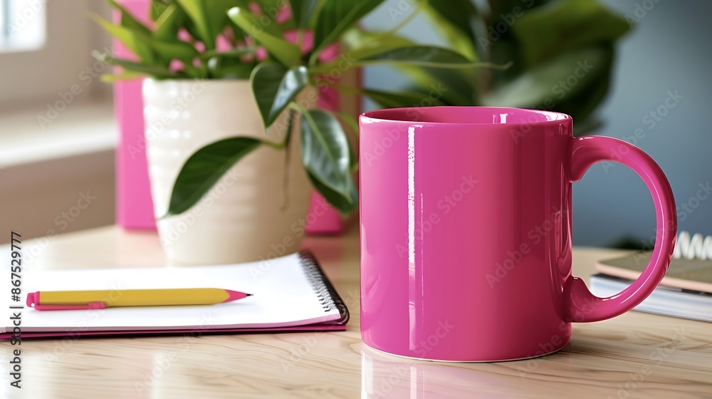 Large magenta mug on a light birch desk, clean and professional with a notepad and Ficus. Large magenta mug on a light birch desk, clean and professional with a notepad and Ficus.