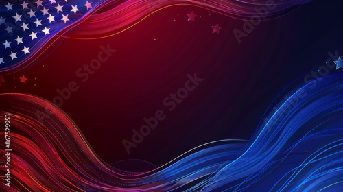 An abstract background featuring flowing red and blue waves over a gradient backdrop with star patterns, symbolizing patriotism and USA-themed designs.