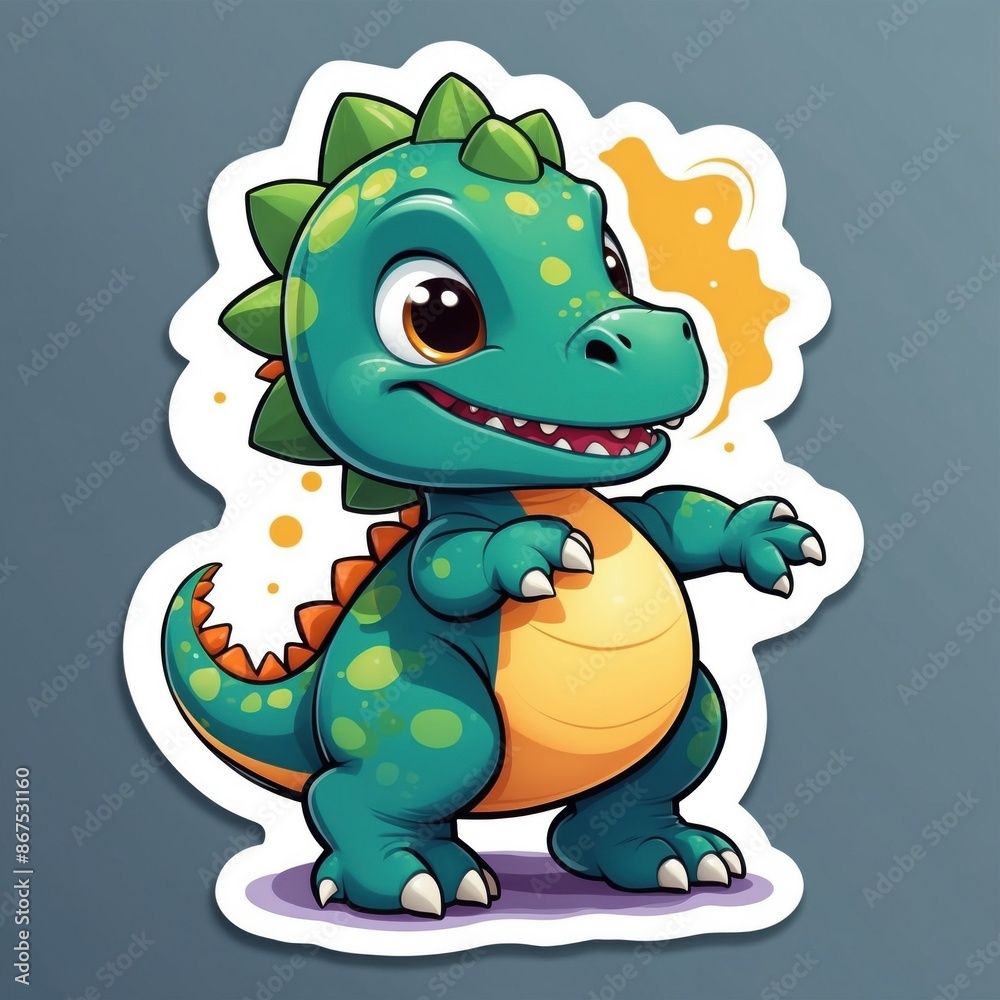 Fototapeta premium Sticker of an adorable baby t-rex smiling. 3D cartoon style, isolated on a simple background.