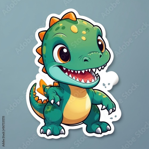 Sticker of a cute baby dinosaur smiling. 3D cartoon style, isolated on a simple background. photo