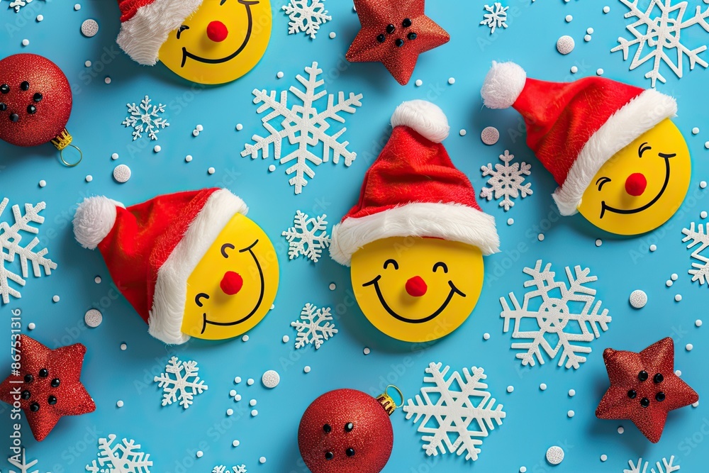 A merry christmas style background with yellow smiley faces wearing red christmas hats with snowflakes as an overlay