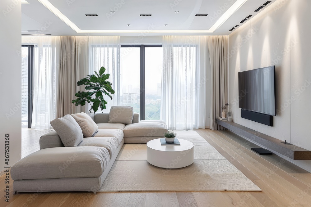 Modern Living Room with Large Windows, White Sofa, and Flat Screen TV Modern Living Room with Large Windows, White Sofa, and Flat Screen TV