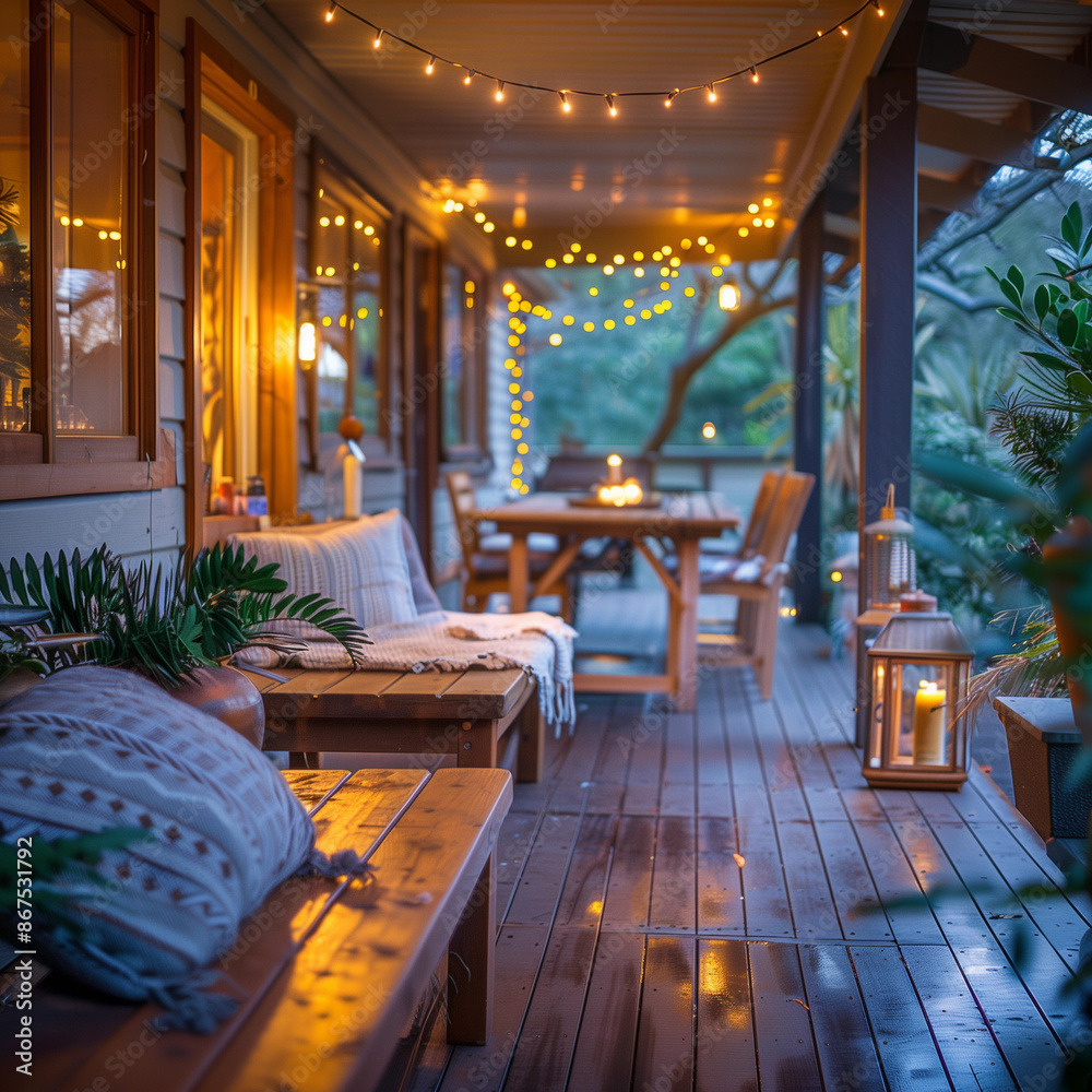 Fototapeta premium Pretty timber back porch traditional Christmas decor fairy lights cozy sofa seating festive home veranda deck holiday atmosphere outdoor space evening rustic charming wreaths seasonal ambiance