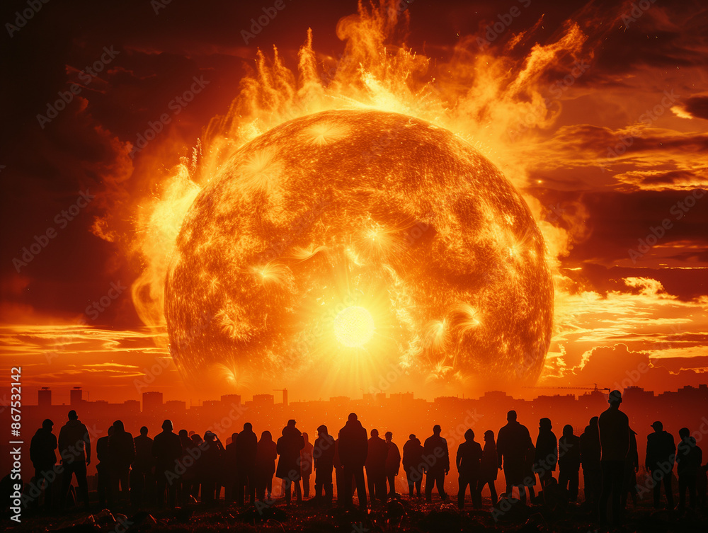 Crowd on alien planet with huge flaming planet in the background