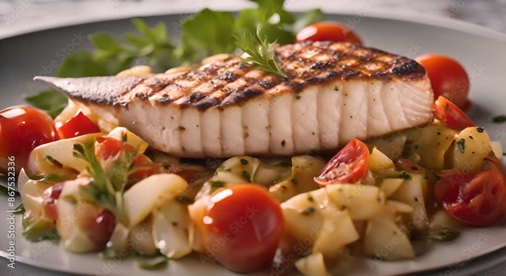Grilled swordfish with caramelized onions, fricassee vegetables. Seafood Recipe Concept