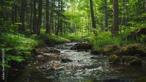 The sound of a babbling brook winding through a forest provides a peaceful backdrop, inviting quiet reflection and a connection with nature. © peerawat