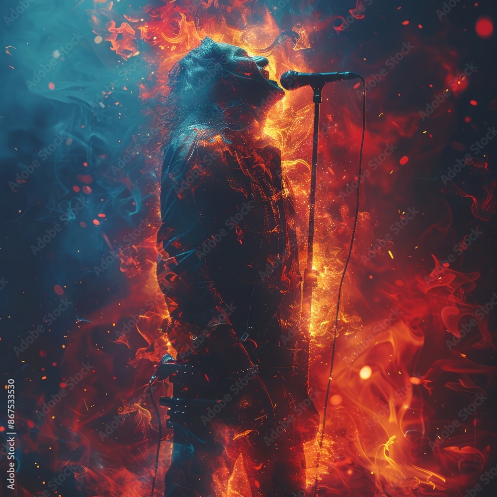 Fototapeta premium A rock star in a promotional poster, with a powerful and dynamic image, capturing their essence and the excitement of their music.