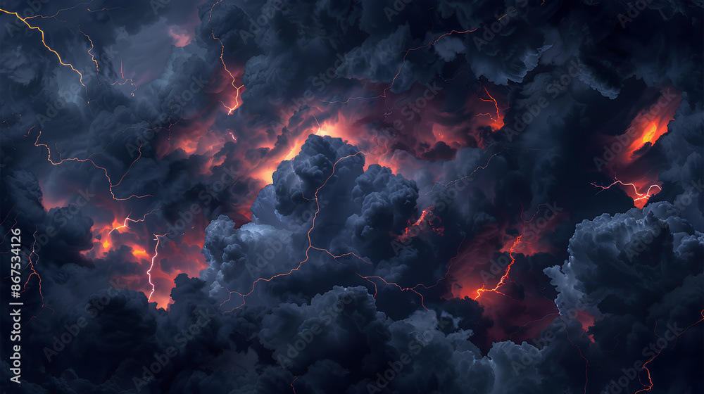 Black clouds with red lightning, background
Black clouds with red lightning, background