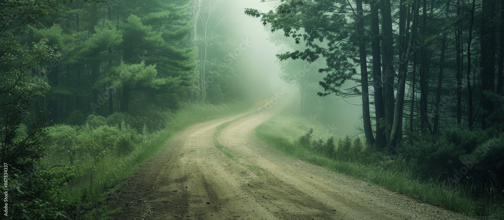 Obraz premium Forest Path in Fog: A Serene Woodland Trail