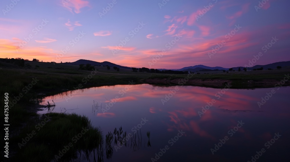 Fototapeta premium The twilight sky, transitioning from day to night, casts a magical glow that is perfect for reflection and serenity.
