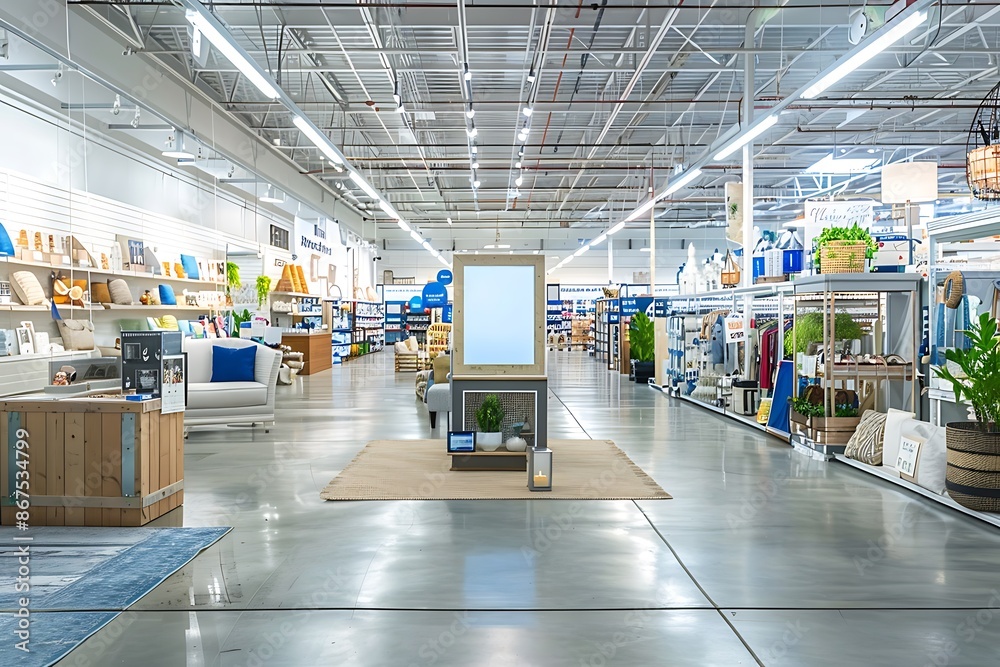 Blank digital display near the home decor section of a megastore, streamlined design.