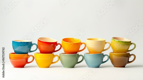 Colorful ceramic cups stacked in rows on a white background. Bright and vibrant hues showcase a cheerful and lively display. Ideal for kitchen decor or coffee shop ambiance. AI