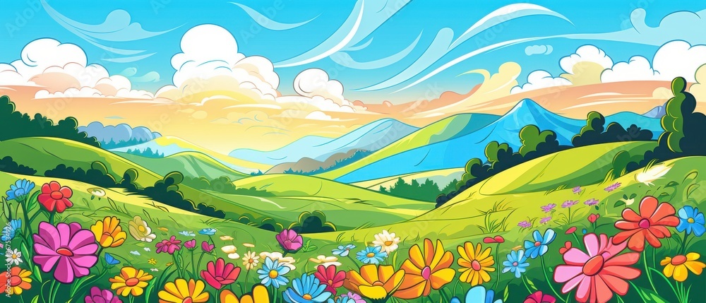 Cartoon summer landscape with rolling hills, green fields, colorful ...