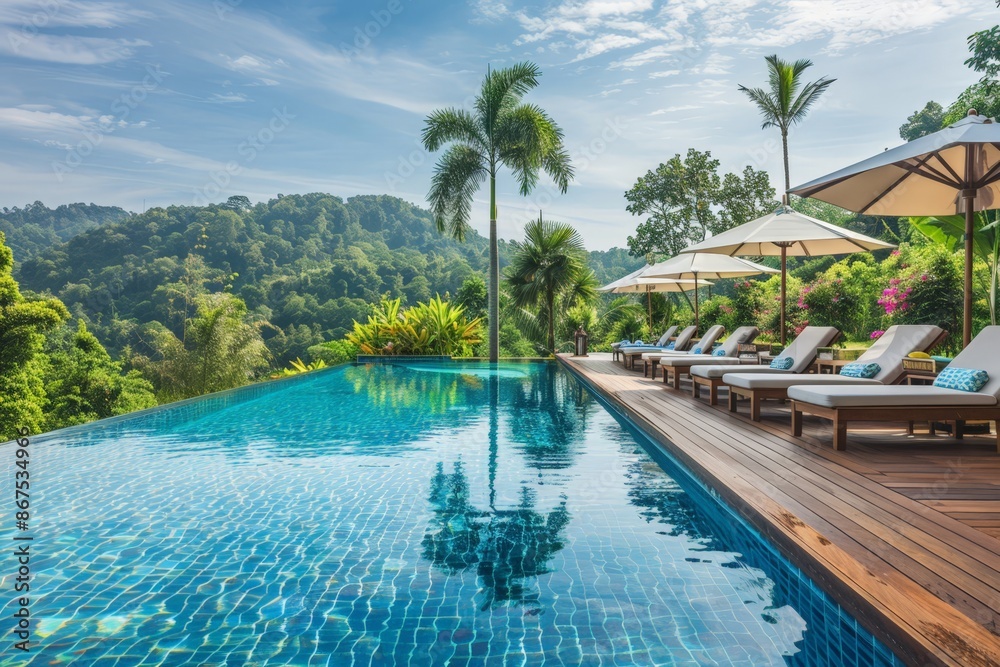 Obraz premium Luxury Resort Infinity Pool with Palm Trees and Umbrellas