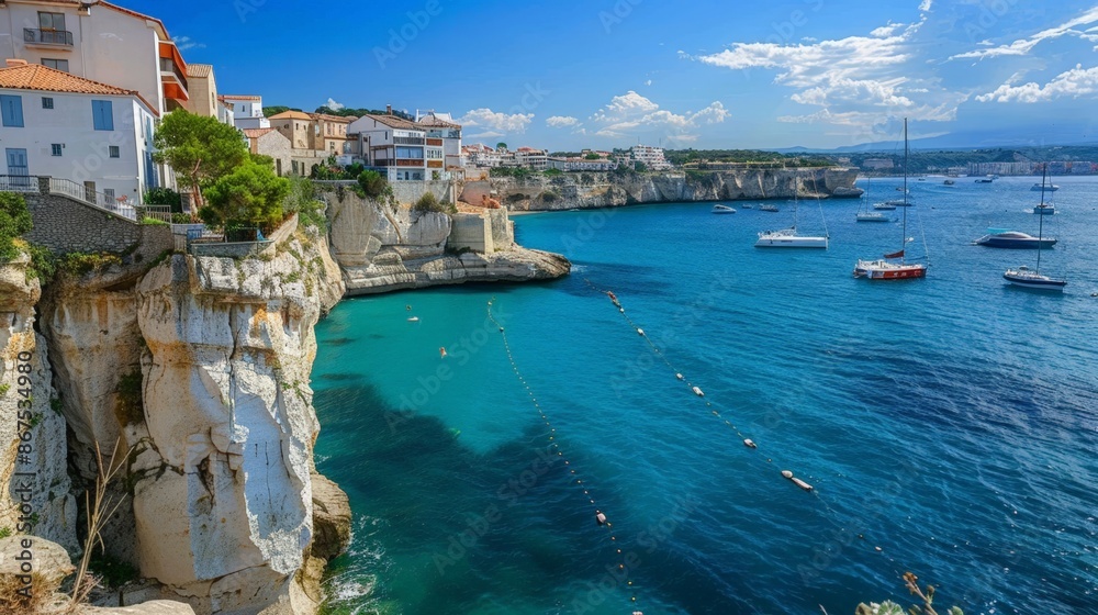 Fototapeta premium Mediterranean Coastline: Cliffside Village with Clear Blue Waters and Moored Boats