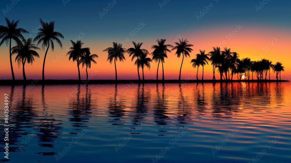 Obraz premium Tropical Sunset with Palm Trees Reflected on Calm Water