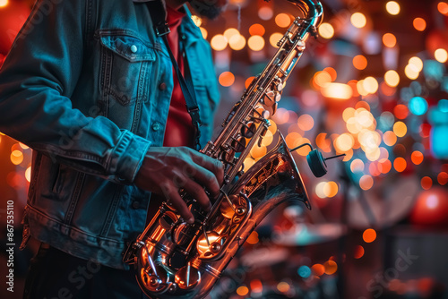 A saxophonist plays passionately in a dimly lit jazz club, surrounded by soft, warm lighting. The background creates a smoky atmosphere with vintage decor. 