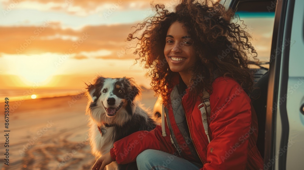 Happy Woman and Dog at Sunset, Beach Adventure Happy Woman and Dog at Sunset, Beach Adventure