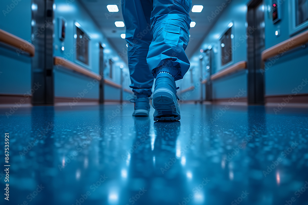 Fototapeta premium A view of doctors' legs in hospital corridors or on the way to the operating room