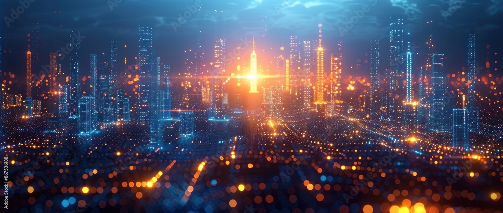Cityscape with Glowing Lights and a Starry Sky Cityscape with Glowing Lights and a Starry Sky