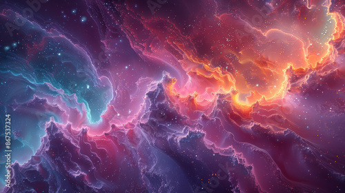 3d colorful rainbow pink and purple dreamy cosmos clouds waves. Space astronomy universe abstract background.