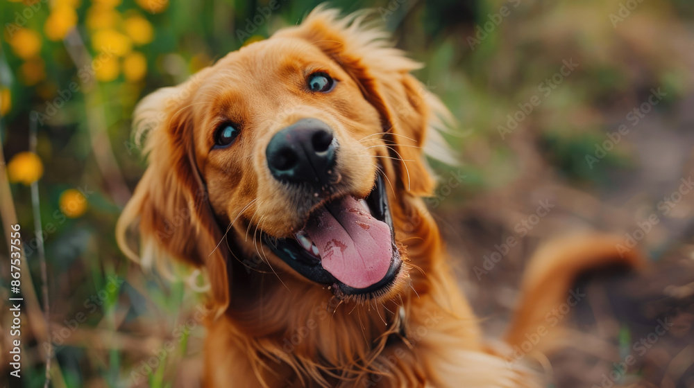 A golden retriever with its mouth open and tongue out looks directly at the camera, appearing joyful. Yellow flowers are blurred in the background. A golden retriever with its mouth open and tongue out looks directly at the camera, appearing joyful. Yellow flowers are blurred in the background.