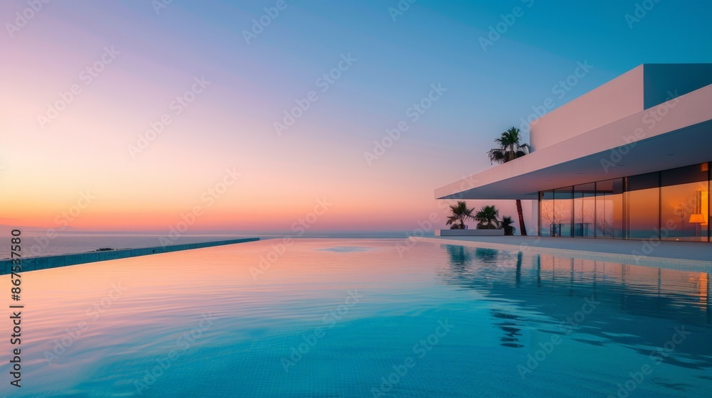 Modern Architecture Overlooking Calm Ocean at Sunset Modern Architecture Overlooking Calm Ocean at Sunset