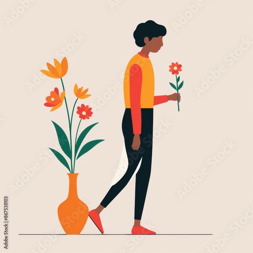 Person holding a colorful flower next to a flowerpot. 2D flat color illustration.
