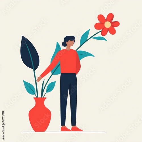 A woman standing next to a large vase of flowers. 2D flat color illustration.