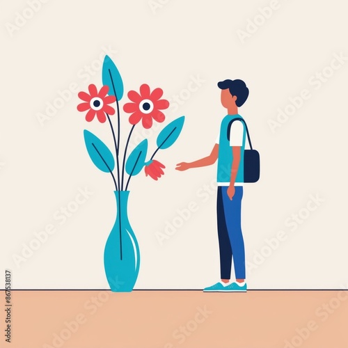 A person standing next to a large vase of flowers. 2D flat color illustration.