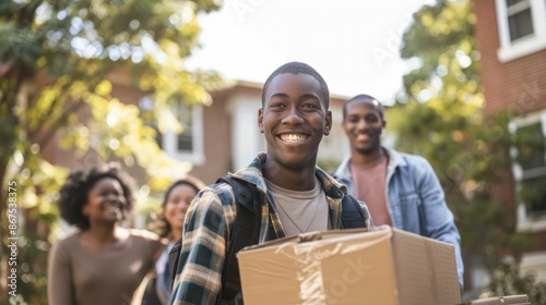 African american black college student moving to dorm with parents helping with moving crates. photo