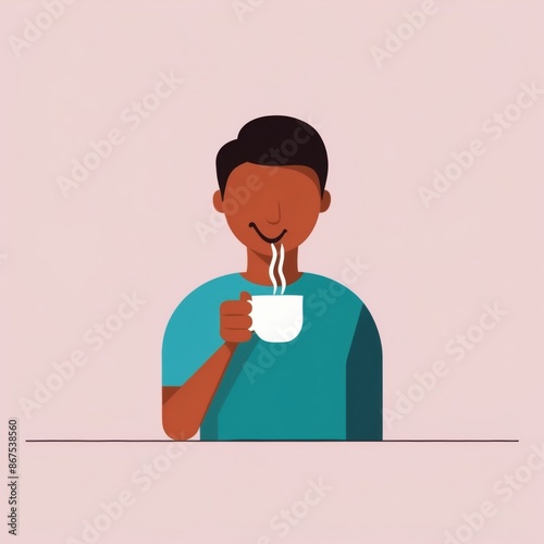 Person drinking a cup of tea in the morning. Flat color illustration.