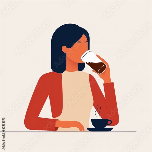 A woman having a cup of coffee in the morning. Flat color illustration.