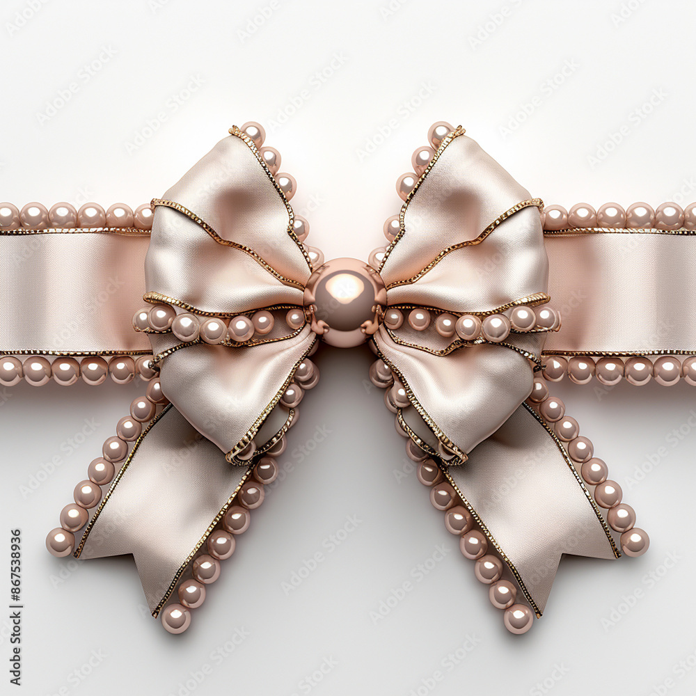 Decorative rose gold bow with long ribbon isolated on white background, generative Ai Decorative rose gold bow with long ribbon isolated on white background, generative Ai
