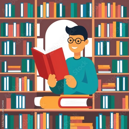 Flat color illustration of a smart student reading book in a modern library.