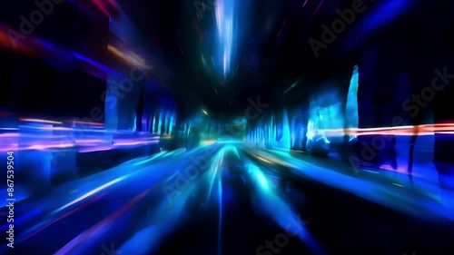 Abstract motion of blue and green line beams data streams converging towards a glowing digital tunnel with dynamic flashes on black background photo