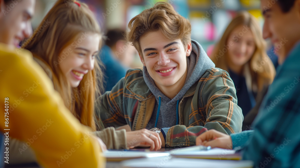 A group of smiling students sitting at a table in a classroom environment, focused on studying, with a blurred background. Generative AI A group of smiling students sitting at a table in a classroom environment, focused on studying, with a blurred background. Generative AI