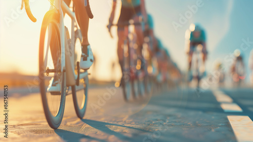 Close-up of a group of cyclists with professional racing sports gear riding on an open road cycling rout